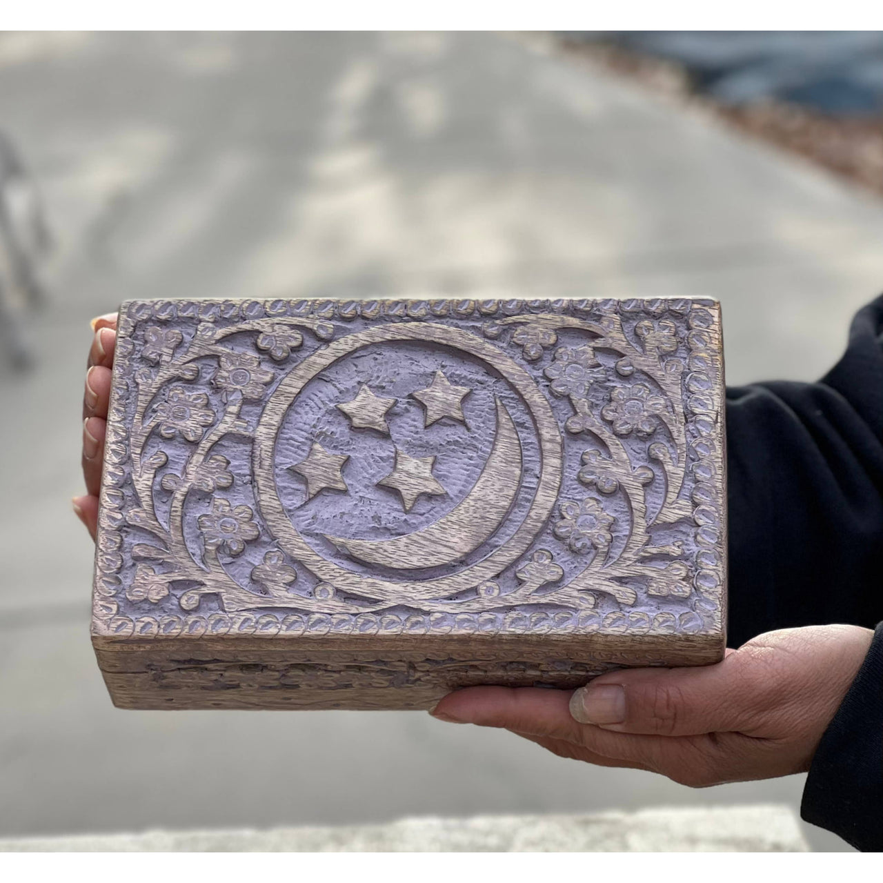 Celestial Moon and Stars Hand Carved Wooden Box Storage