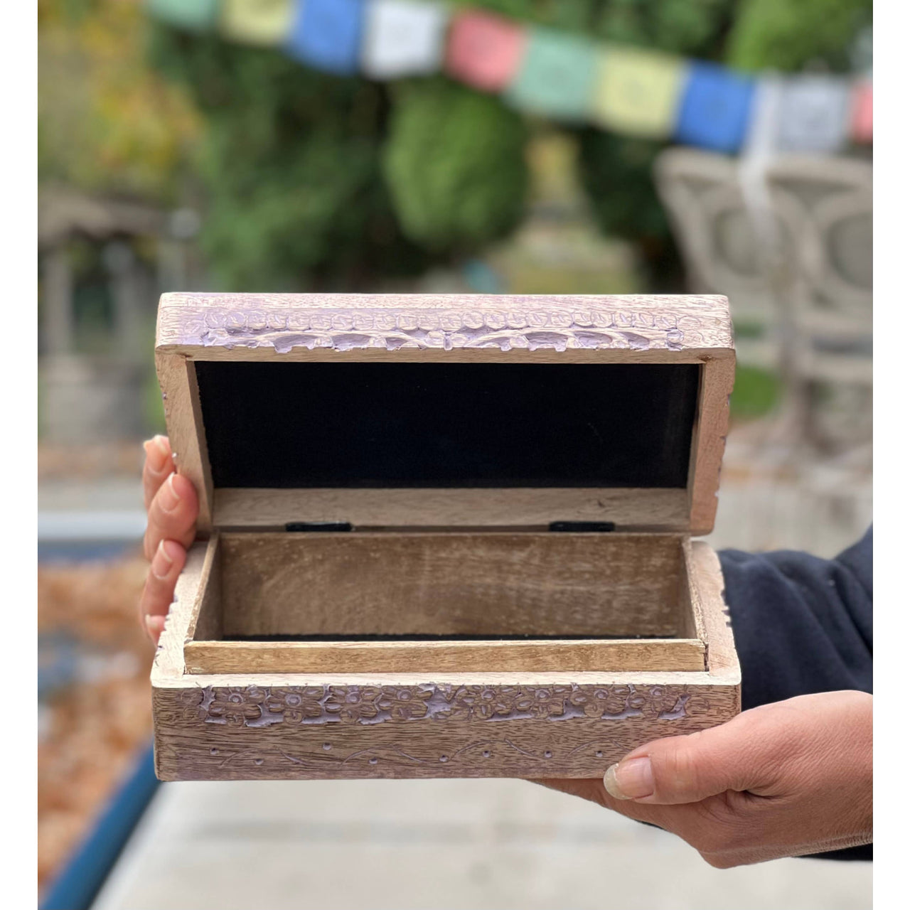 Celestial Moon and Stars Hand Carved Wooden Box Storage