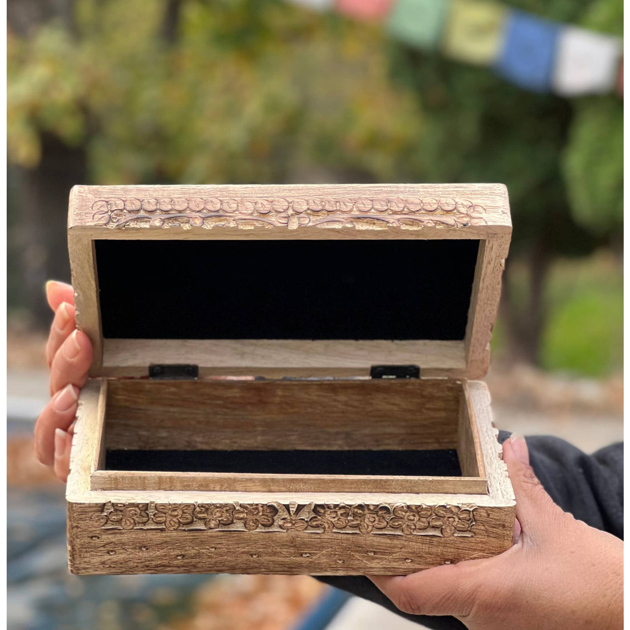 Celestial Moon and Stars Hand Carved Wooden Box Storage