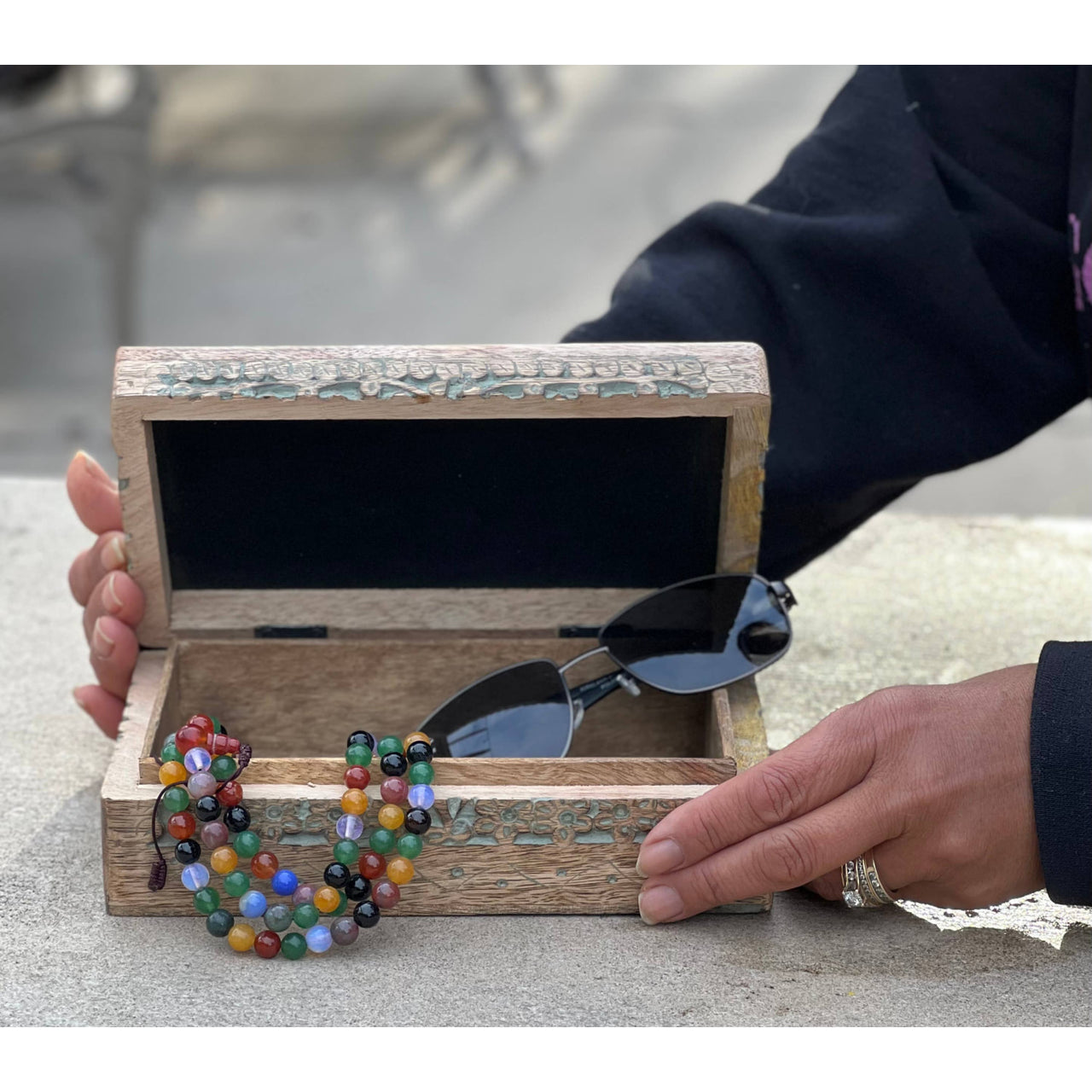 Celestial Moon and Stars Hand Carved Wooden Box Storage