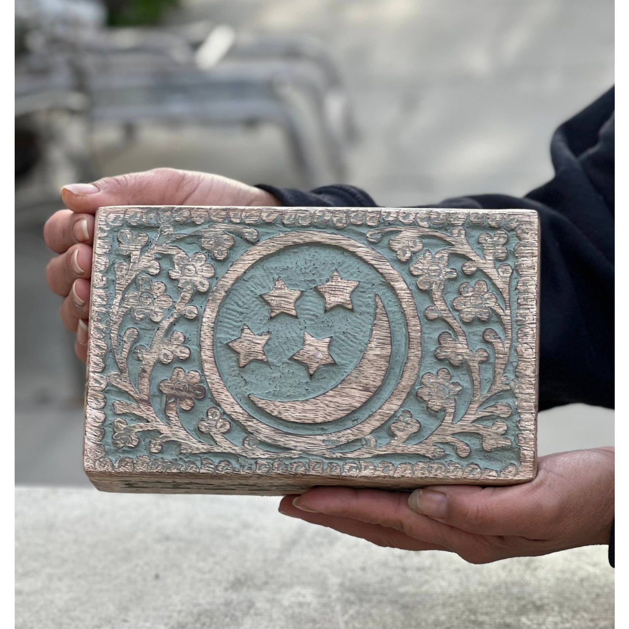 Celestial Moon and Stars Hand Carved Wooden Box Storage