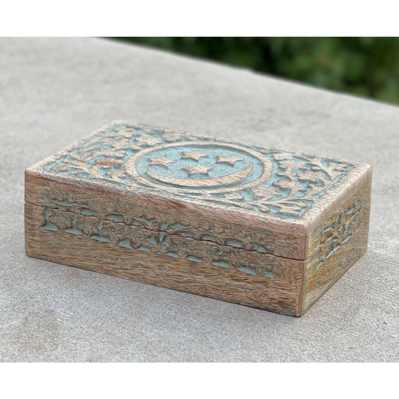 Celestial Moon and Stars Hand Carved Wooden Box Storage