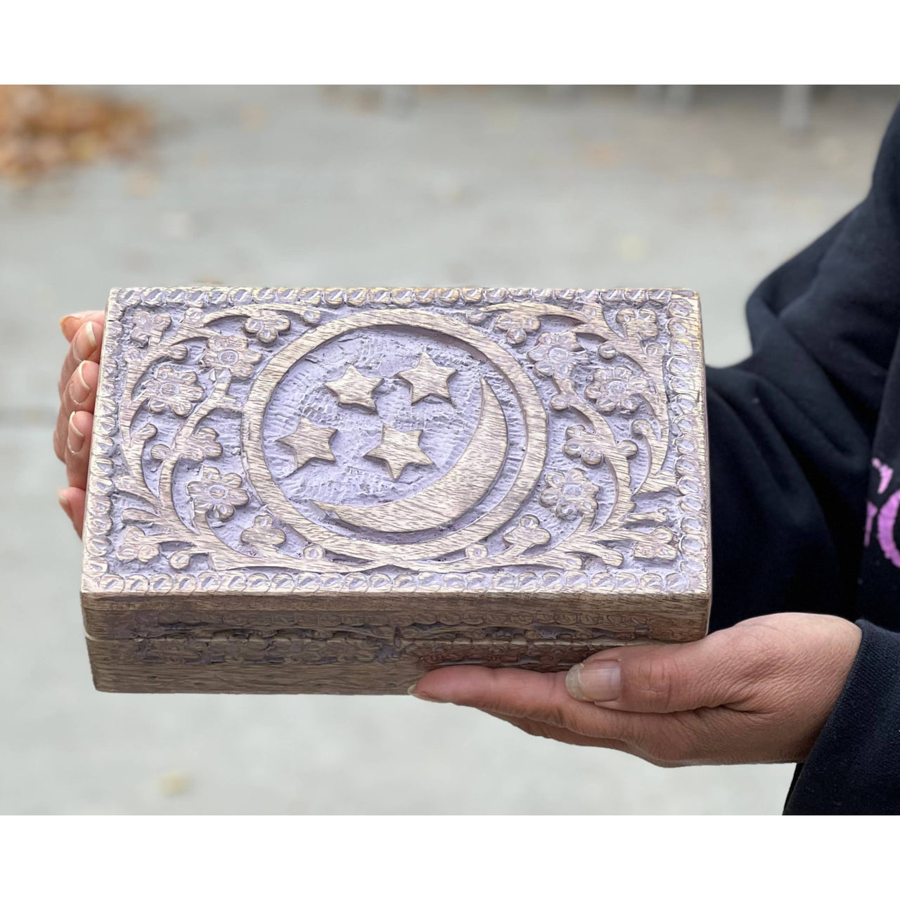 Celestial Moon and Stars Hand Carved Wooden Box Storage