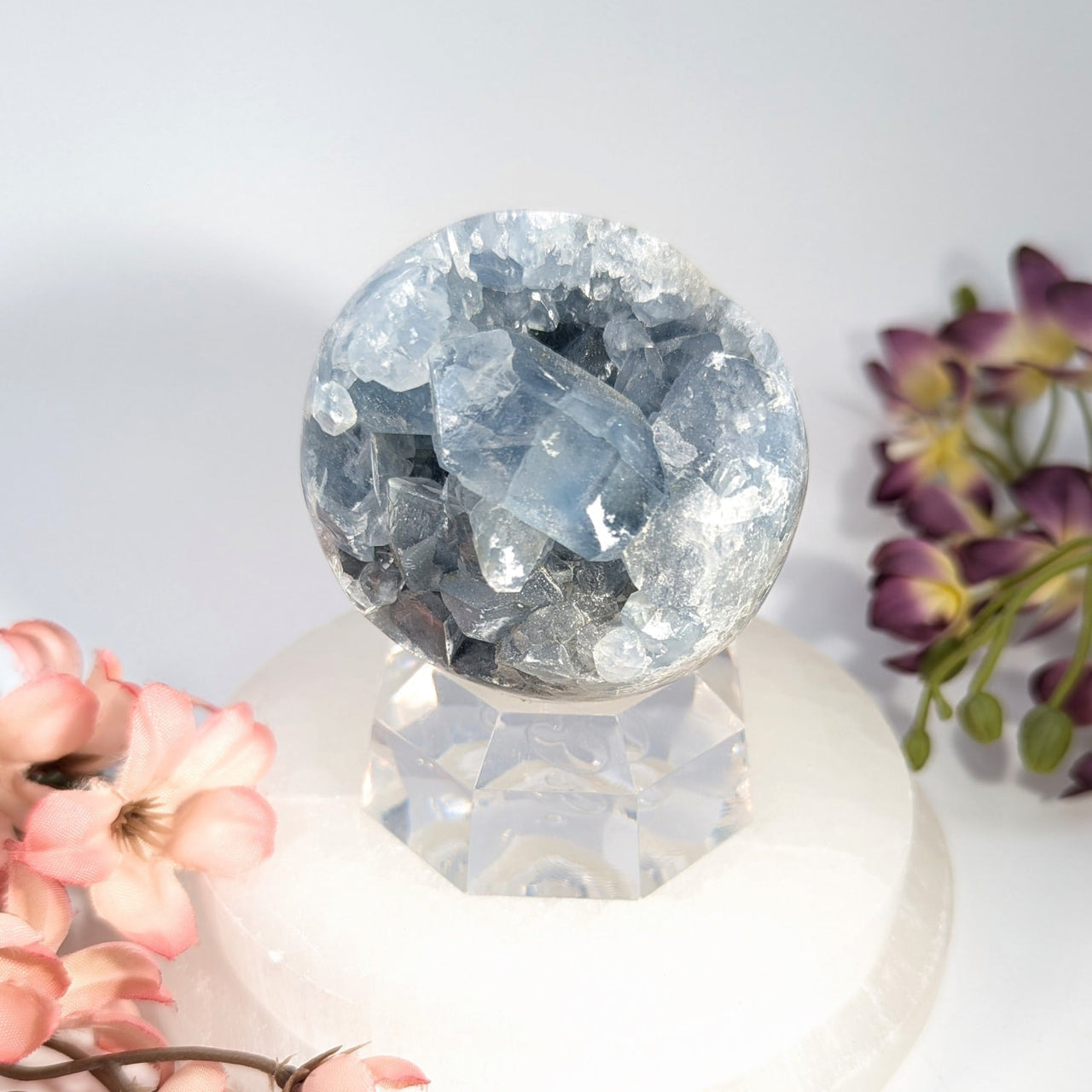 Celestite 2.4’’ blue crystal geode sphere on acrylic base #BC0388