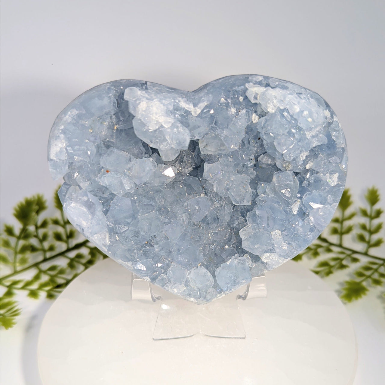 Celestite 4.5’’ geode heart #BC0838 with sparkling light blue crystals