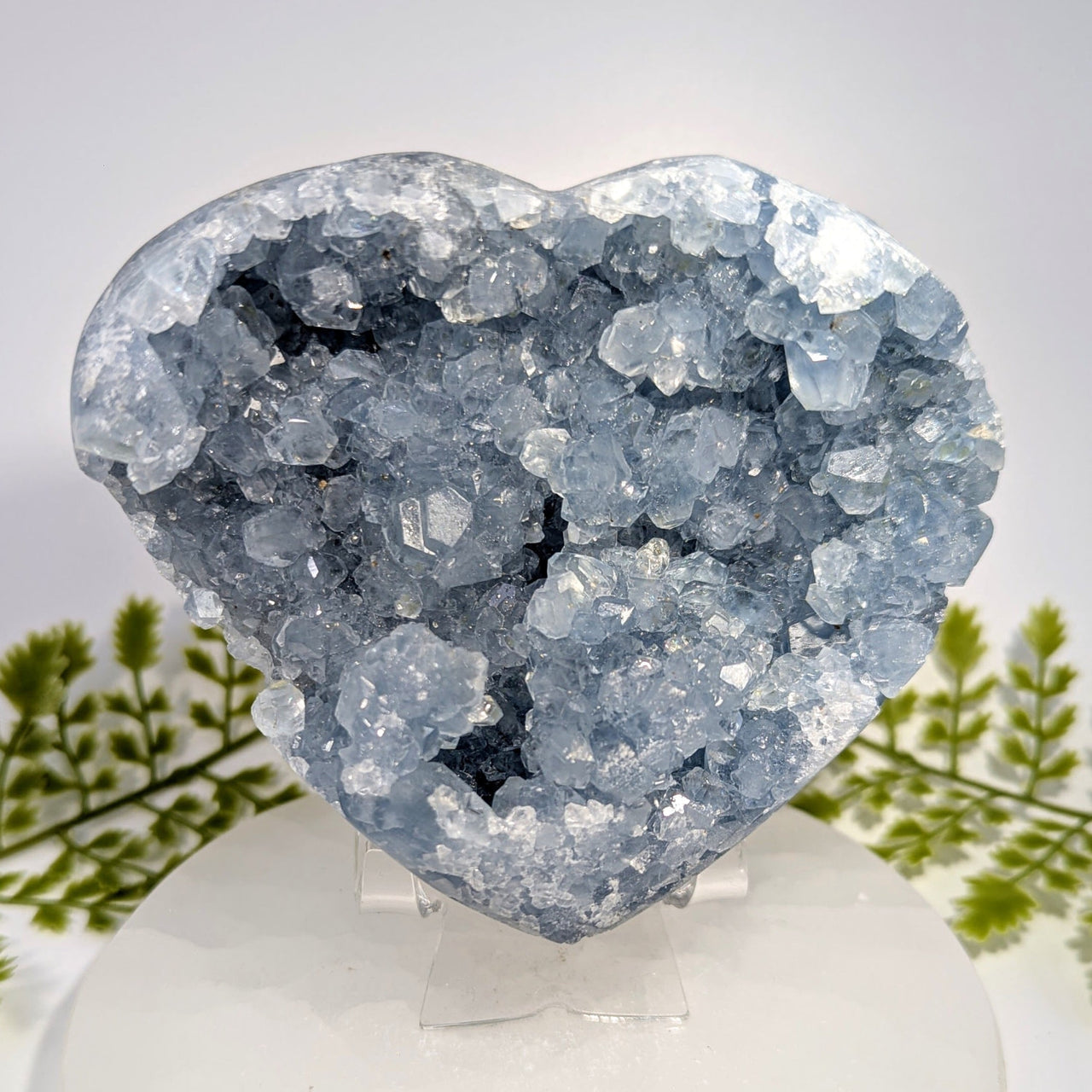 Celestite 4.5’’ geode heart #BC0839 with sparkling light blue crystals