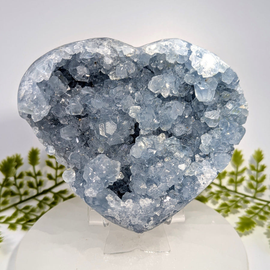 Celestite 4.5’’ geode heart #BC0839 with sparkling light blue crystals