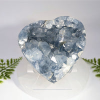 Celestite geode 4 inch heart with translucent blue and clear quartz crystals perfect for crystals and jewelry displays