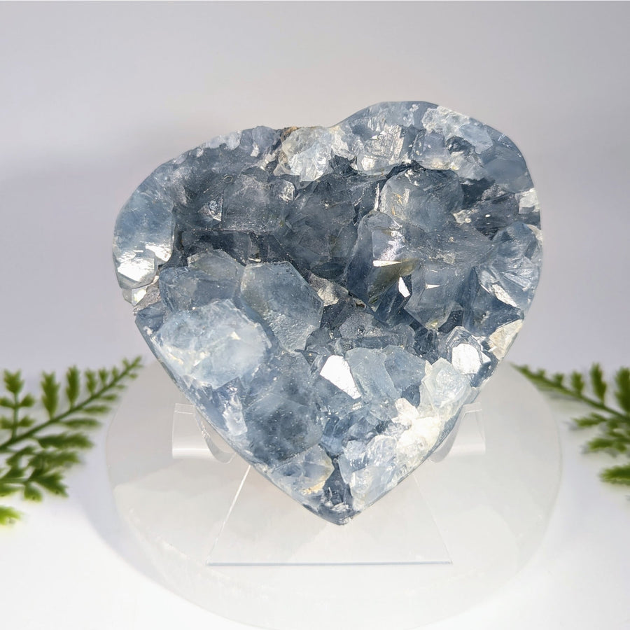 Celestite geode 4 inch heart with translucent blue and clear quartz crystals perfect for crystals and jewelry displays