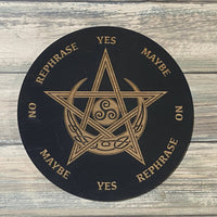 Black pentagram coaster with gold design and text on Celtic Pentagram Pendulum Board LV9074