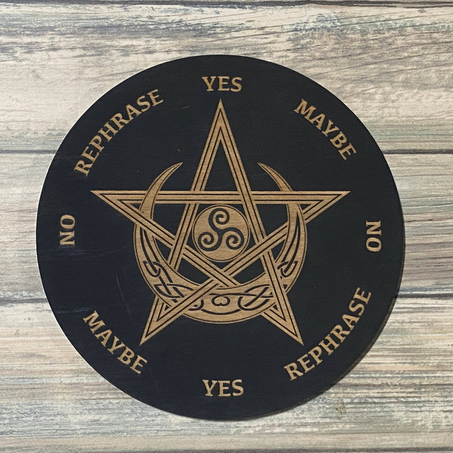 Black pentagram coaster with gold design and text on Celtic Pentagram Pendulum Board LV9074