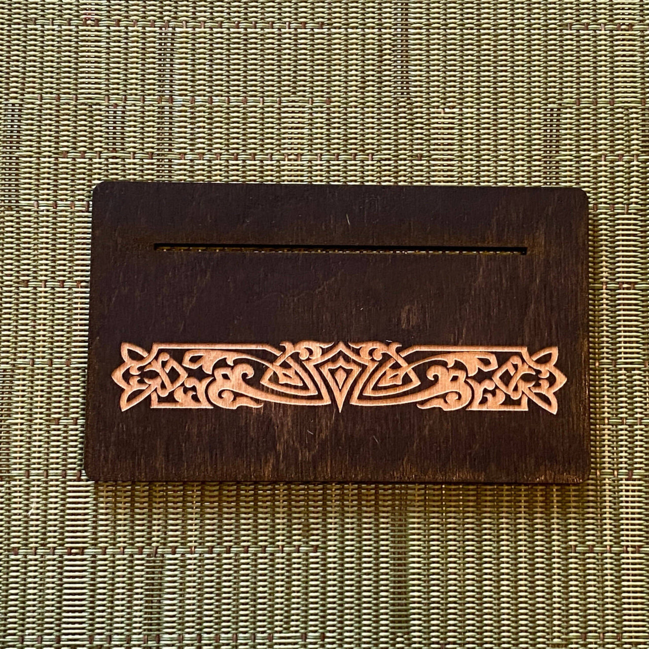 Dark brown wooden Celtic Tarot Card Holder LV9075 with copper inlay