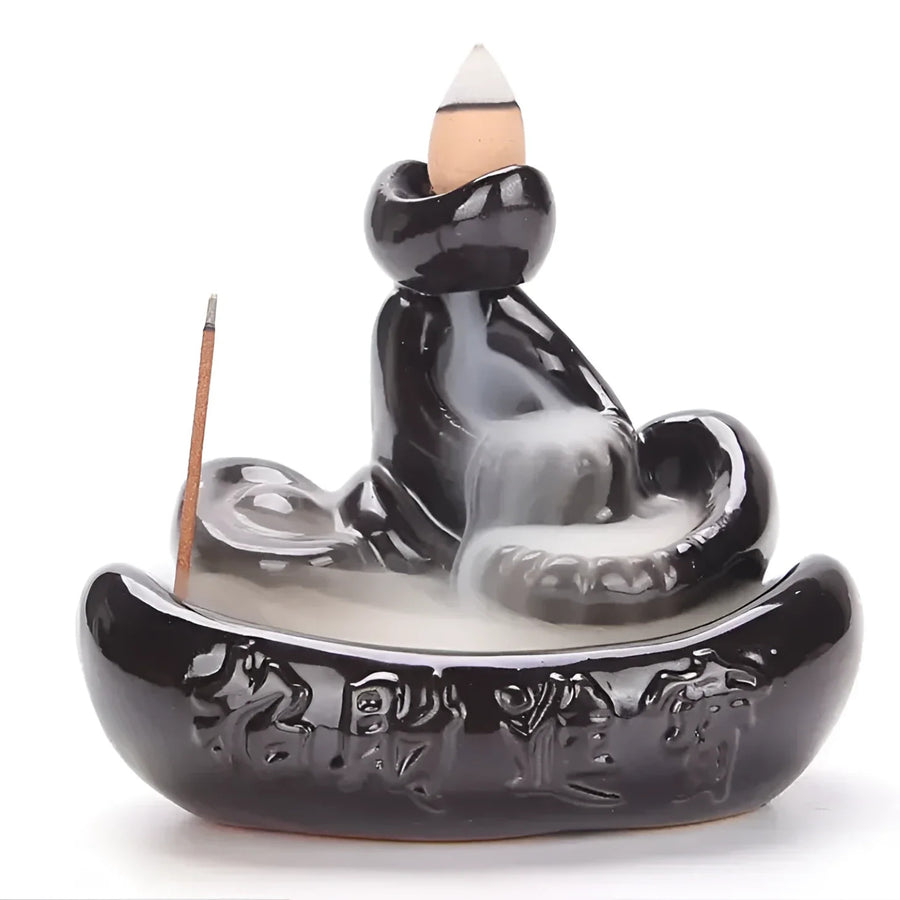 Black ceramic cat design backflow incense burner Q335 with white smoke