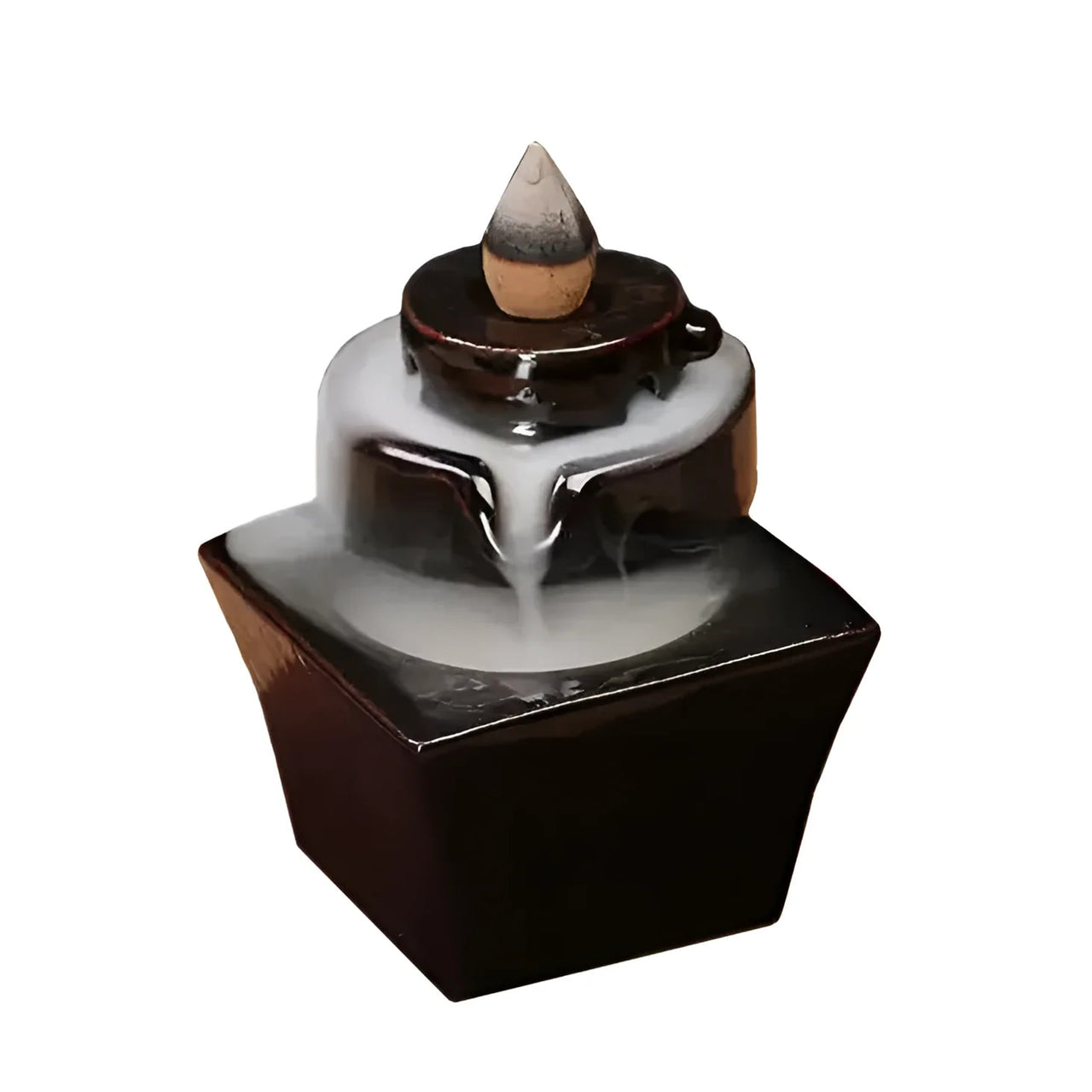 Ceramic tabletop backflow fountain burner with cascading water, brown white glaze Q335