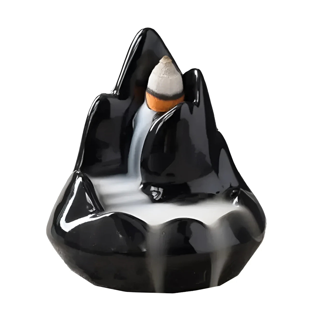 Black mountain ceramic backflow incense burner with smoke and orange tip