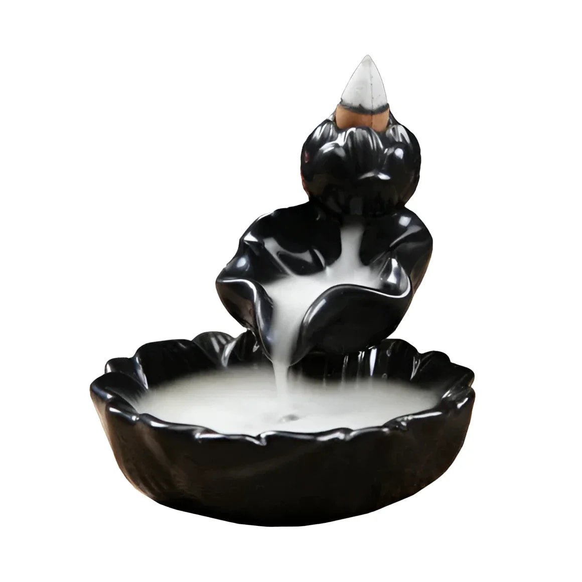 Black Ceramic Backflow Incense Burner #Q335 with White Flowing Design