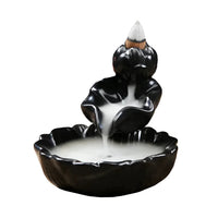 Black Ceramic Backflow Incense Burner #Q335 with White Flowing Design