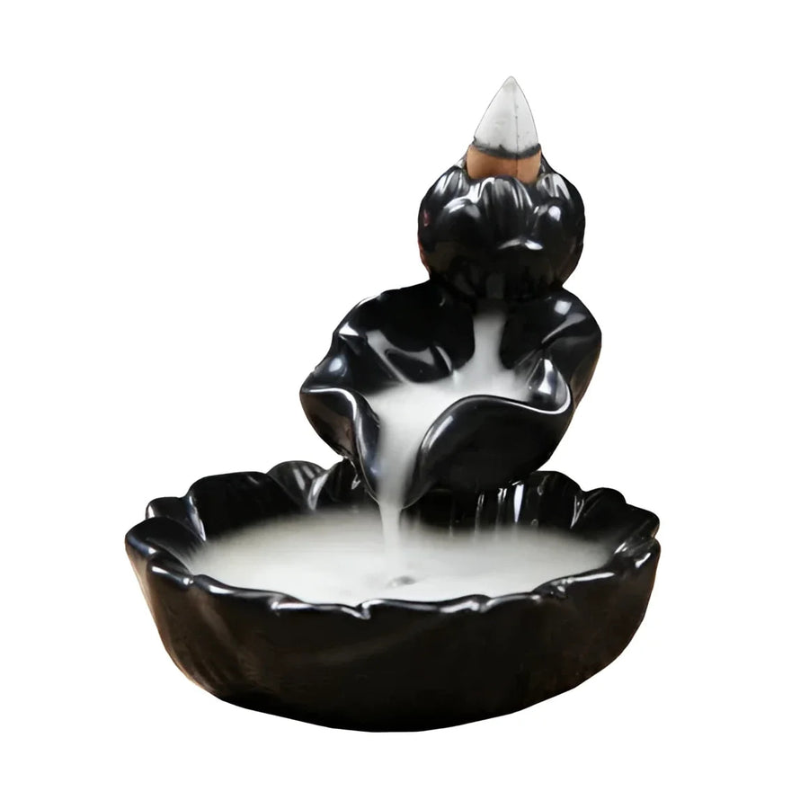 Black Ceramic Backflow Incense Burner #Q335 with White Flowing Design