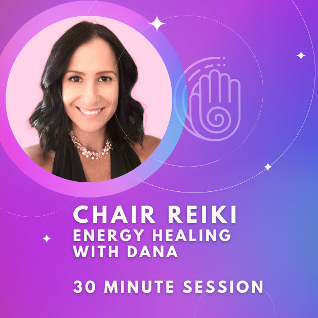 Promotional graphic for Chair Reiki with Dana - 30 min Private Session featuring bliss crystals