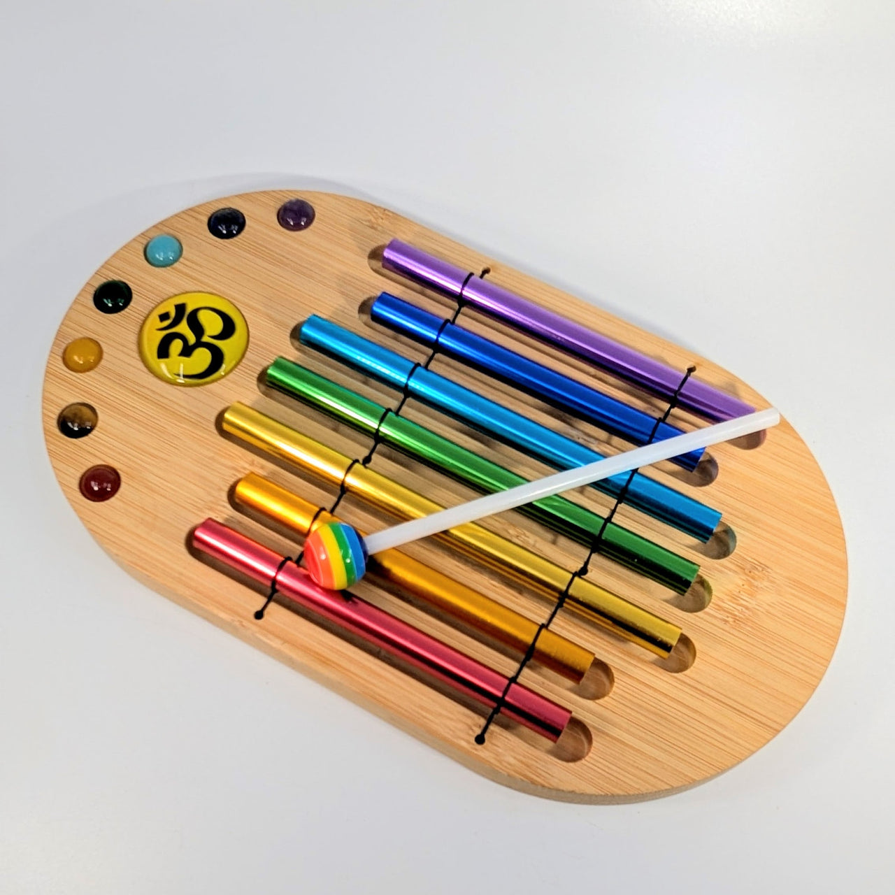 Rainbow Chakra Crystals 10’’ tabletop chime #BC1157 with gems om symbol