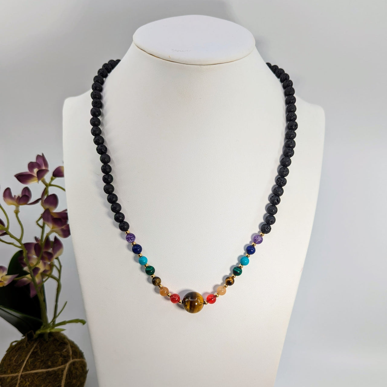 Beaded Chakra Necklace with Lava Beads, adjustable 20-inch length for spiritual balance
