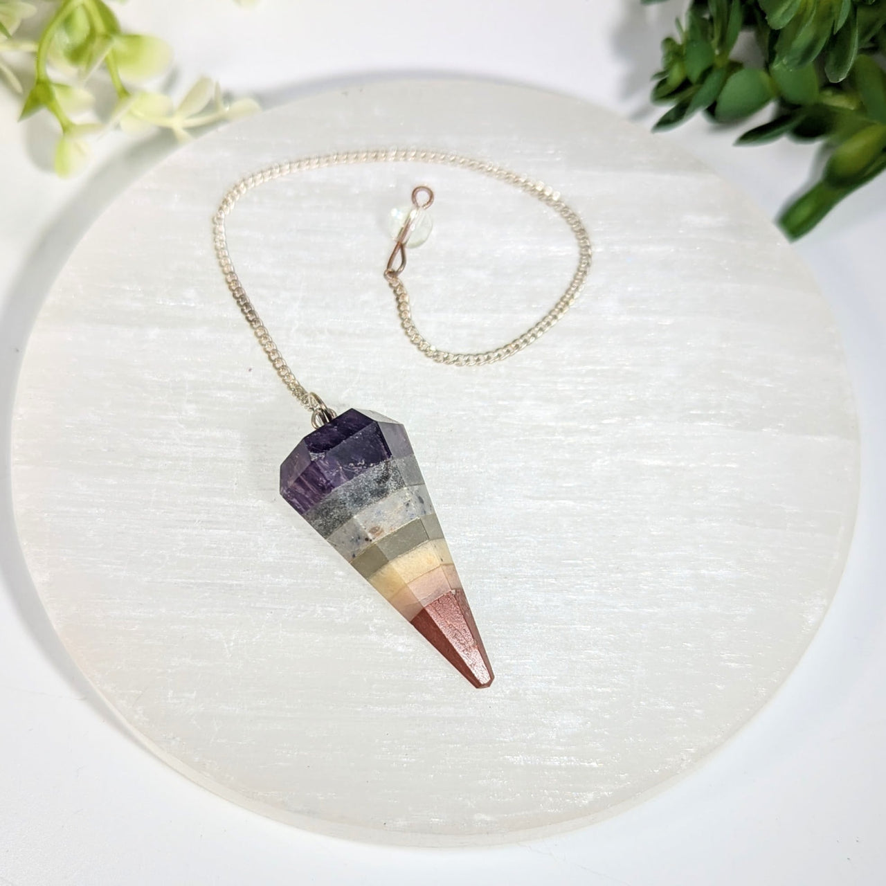 Chakra layered 1.5-2 inch pendulum multi-layered faceted crystal jewelry with purple to amber gradient gemstones on silver chain