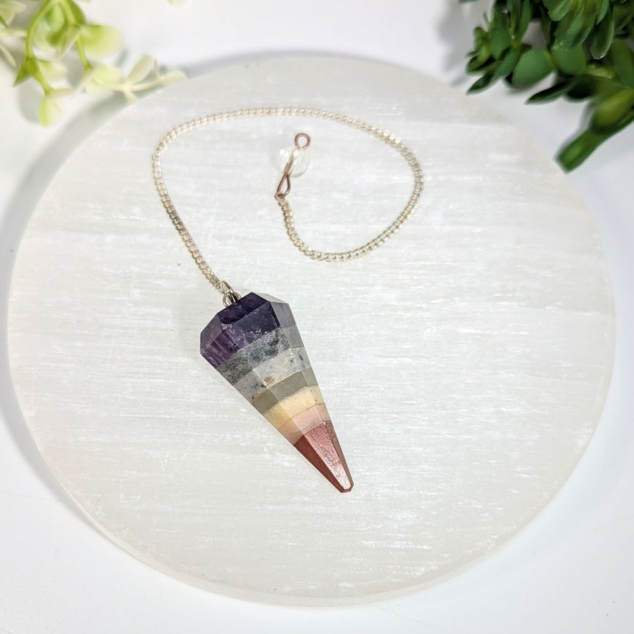 Chakra layered 1.5-2 inch pendulum multi-layered faceted crystal jewelry with purple to amber gradient gemstones on silver chain