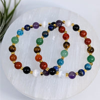 Thumbnail for Chakra Rainbow 7’’ Bead Bracelet w Gold Spacer #LV6530 - $19