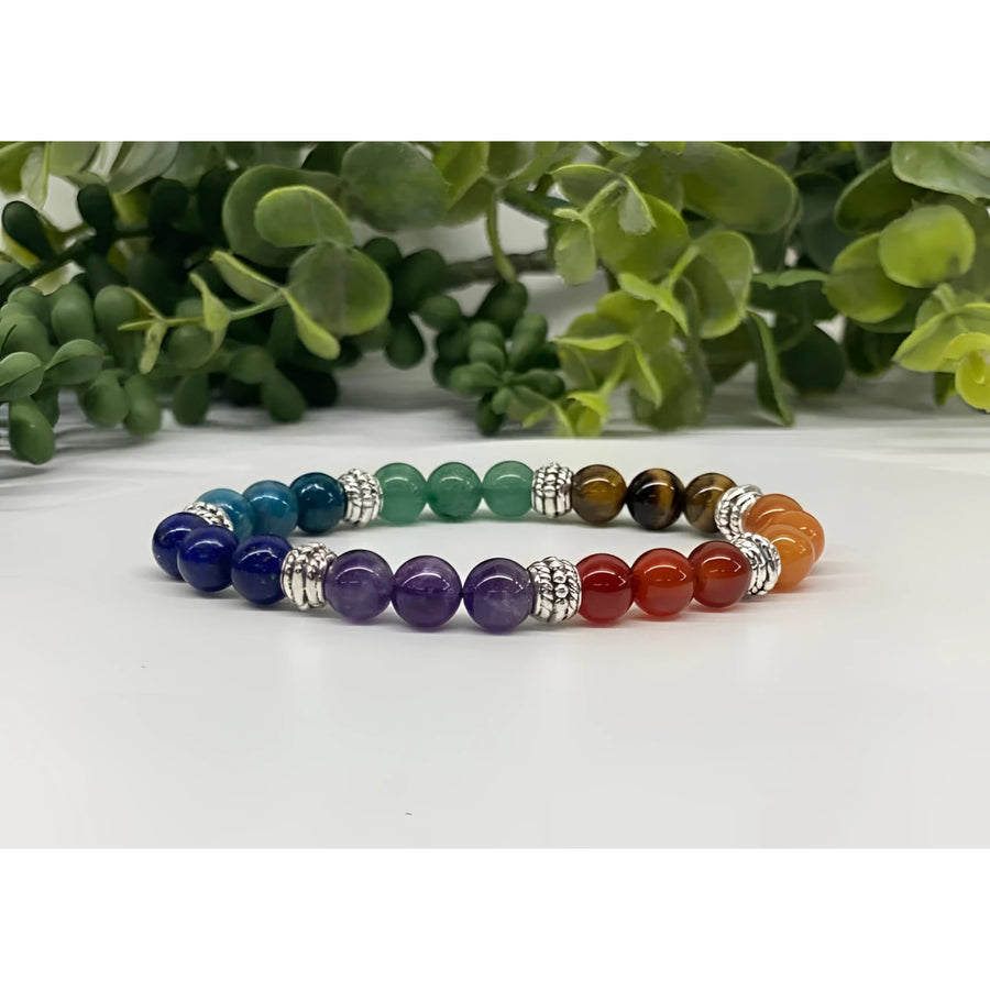 Colorful beaded chakra semi-precious gemstone stretchable bracelet with bliss crystals