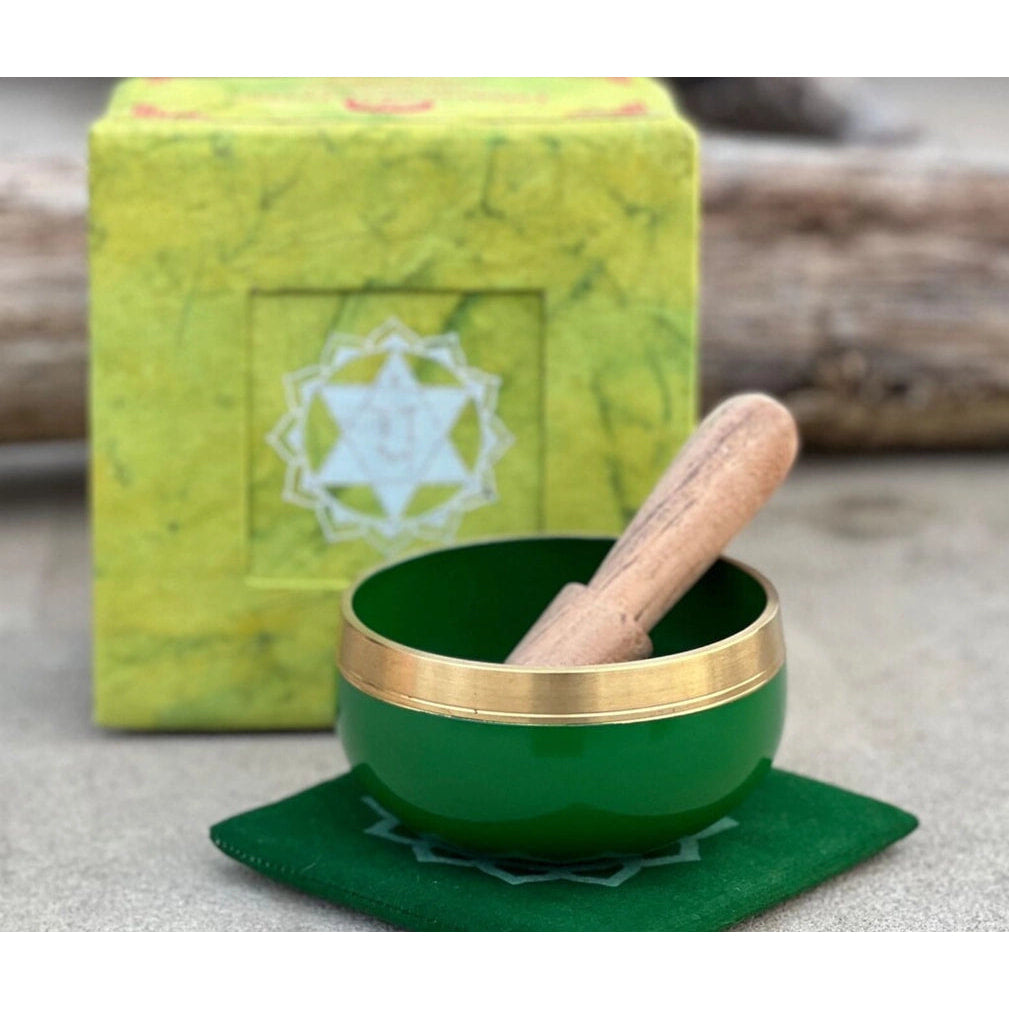 Green bowl with wooden spoon from Chakra Singing Bowl Box Set - Heart #LV3740