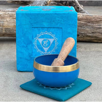 Thumbnail for Chakra Singing Bowl Box Set - Throat, featuring a blue bowl and wooden spoon #LV3738