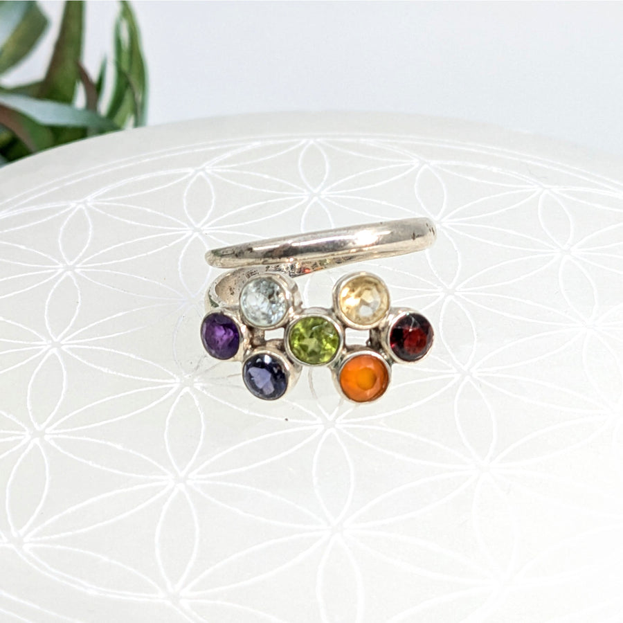 Silver Chakra ring with colorful gemstones for size 7 to 10 jewelry accessory