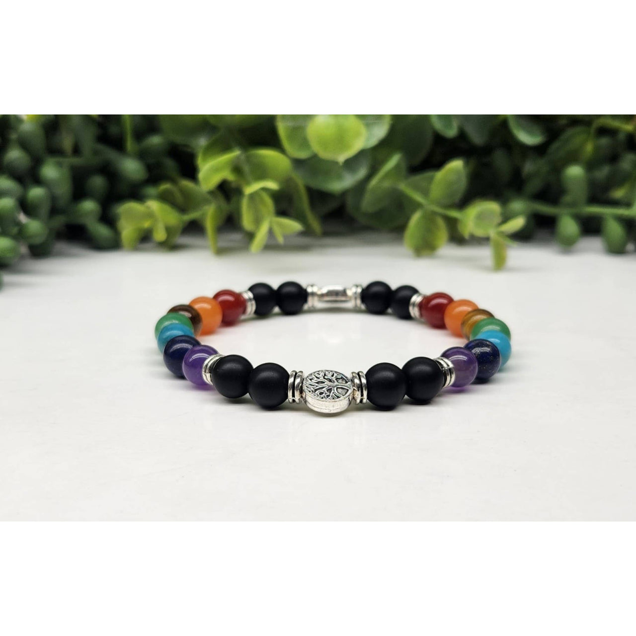 Chakra Tree of Life stretchable beaded bracelet with black multicolored beads and silver accents, 8mm 7.5 inch LV9514