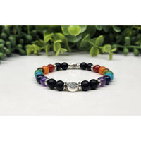 Chakra Tree of Life stretchable beaded bracelet with black multicolored beads and silver accents, 8mm 7.5 inch LV9514