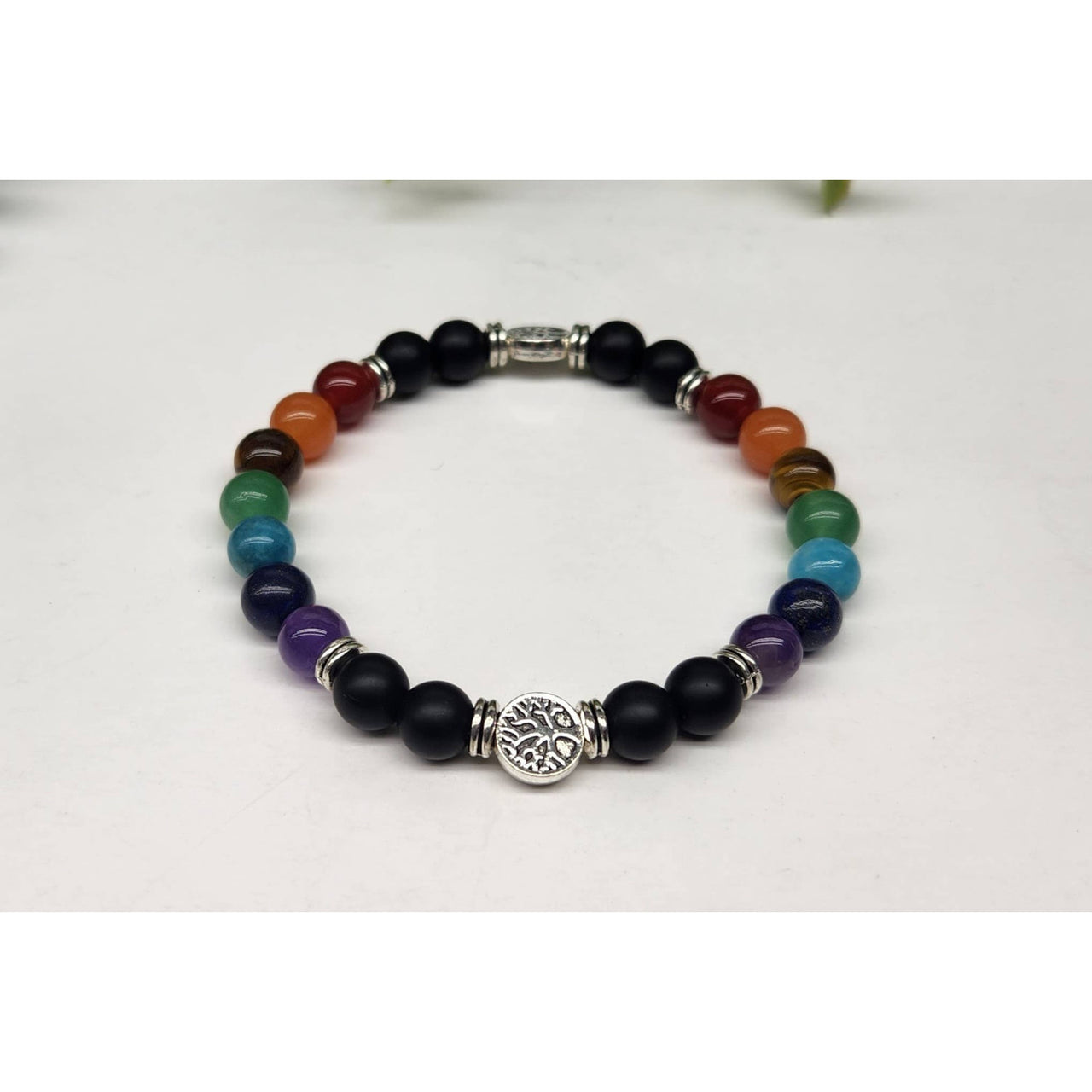 Chakra Tree of Life stretchable bracelet with 7 chakra stones, silver accents, 8mm beads, 7.5 inches
