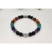 Chakra Tree of Life stretchable bracelet with 7 chakra stones, silver accents, 8mm beads, 7.5 inches