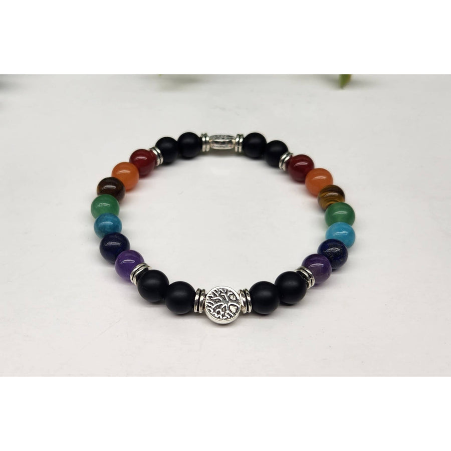 Chakra Tree of Life stretchable bracelet with 7 chakra stones, silver accents, 8mm beads, 7.5 inches