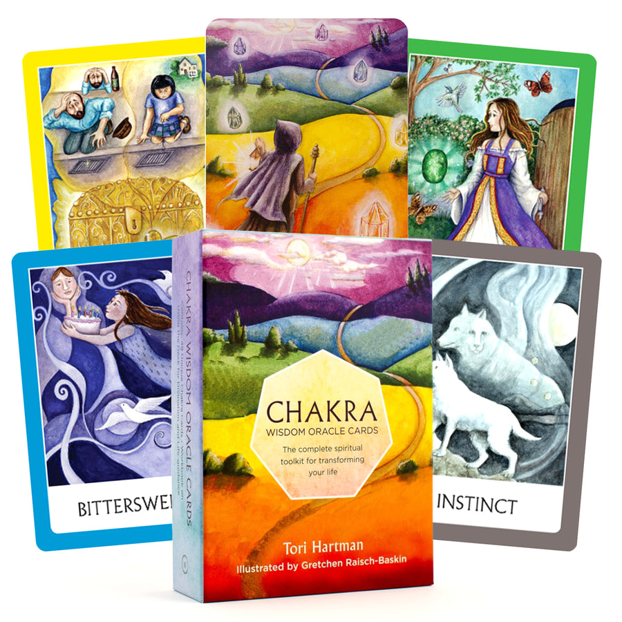 Chakra Wisdom Oracle Cards by Watkins Publishing displayed with Bliss Crystals for healing