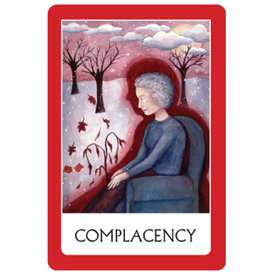 Complacency tarot card from Chakra Wisdom Oracle by Watkins Publishing with Bliss Crystals