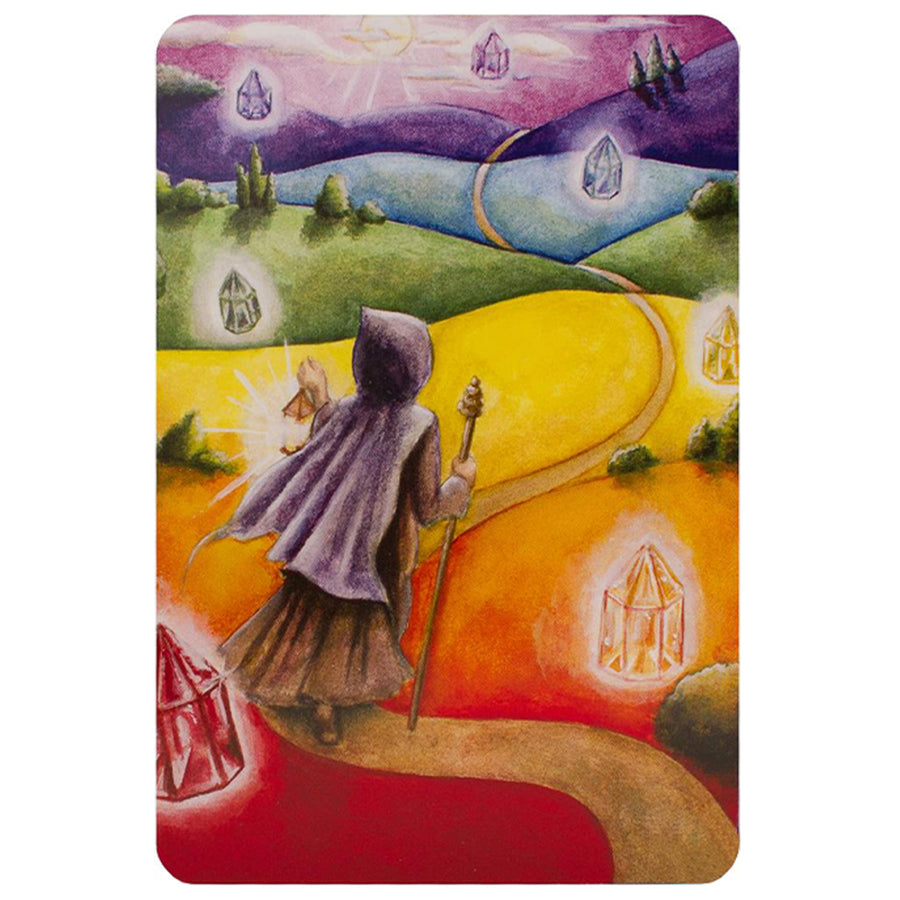 Chakra Wisdom Oracle card by Watkins Publishing featuring a hooded figure on a winding path