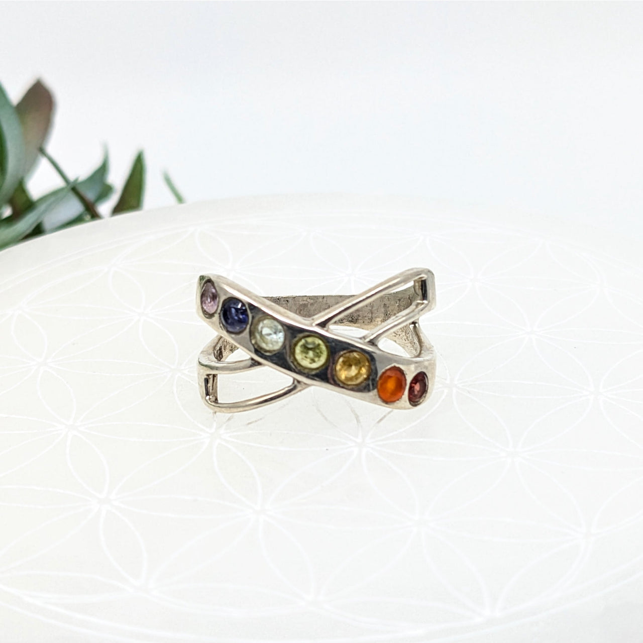 Silver Chakra X 7 Stone S.S. Ring with rainbow-colored stones displaying vibrant energy