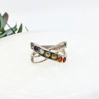 Silver Chakra X 7 Stone S.S. Ring with rainbow-colored stones displaying vibrant energy