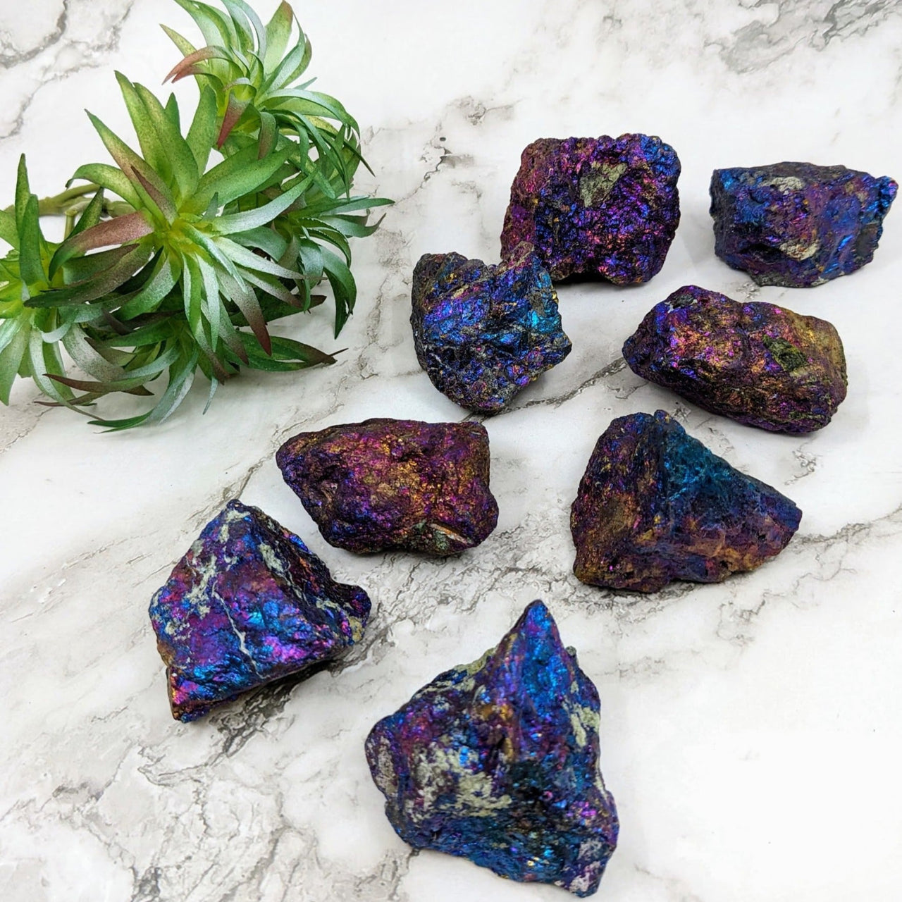 Chalcopyrite XL Rough Stones: Purple & Blue Crystals on Marble Counter #SK3740