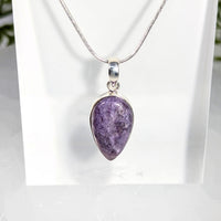 Charoite 1.25-inch teardrop pendant #BC1090 in purple amethyst silver chain