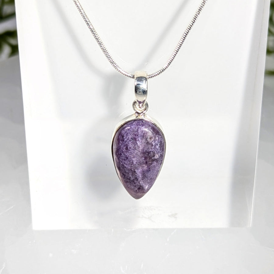 Charoite 1.25-inch teardrop pendant #BC1090 in purple amethyst silver chain