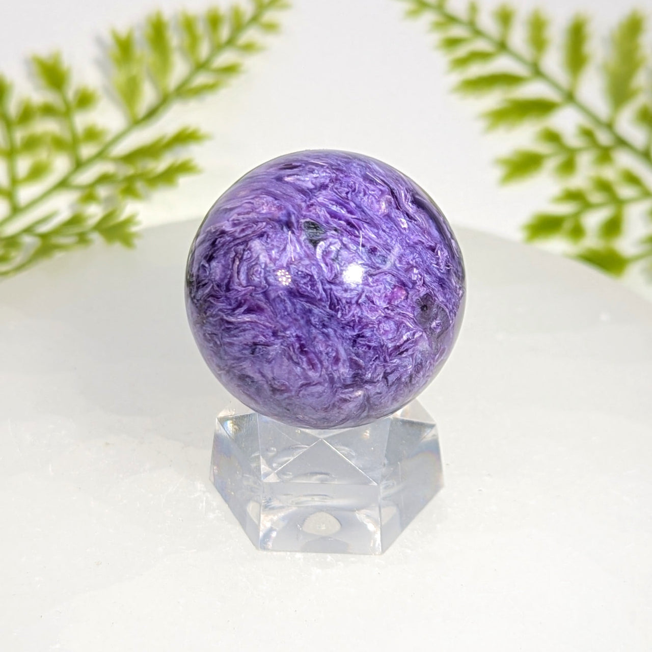 Polished purple chrysocolla 1.4 inch sphere #BC0912 on acrylic stand
