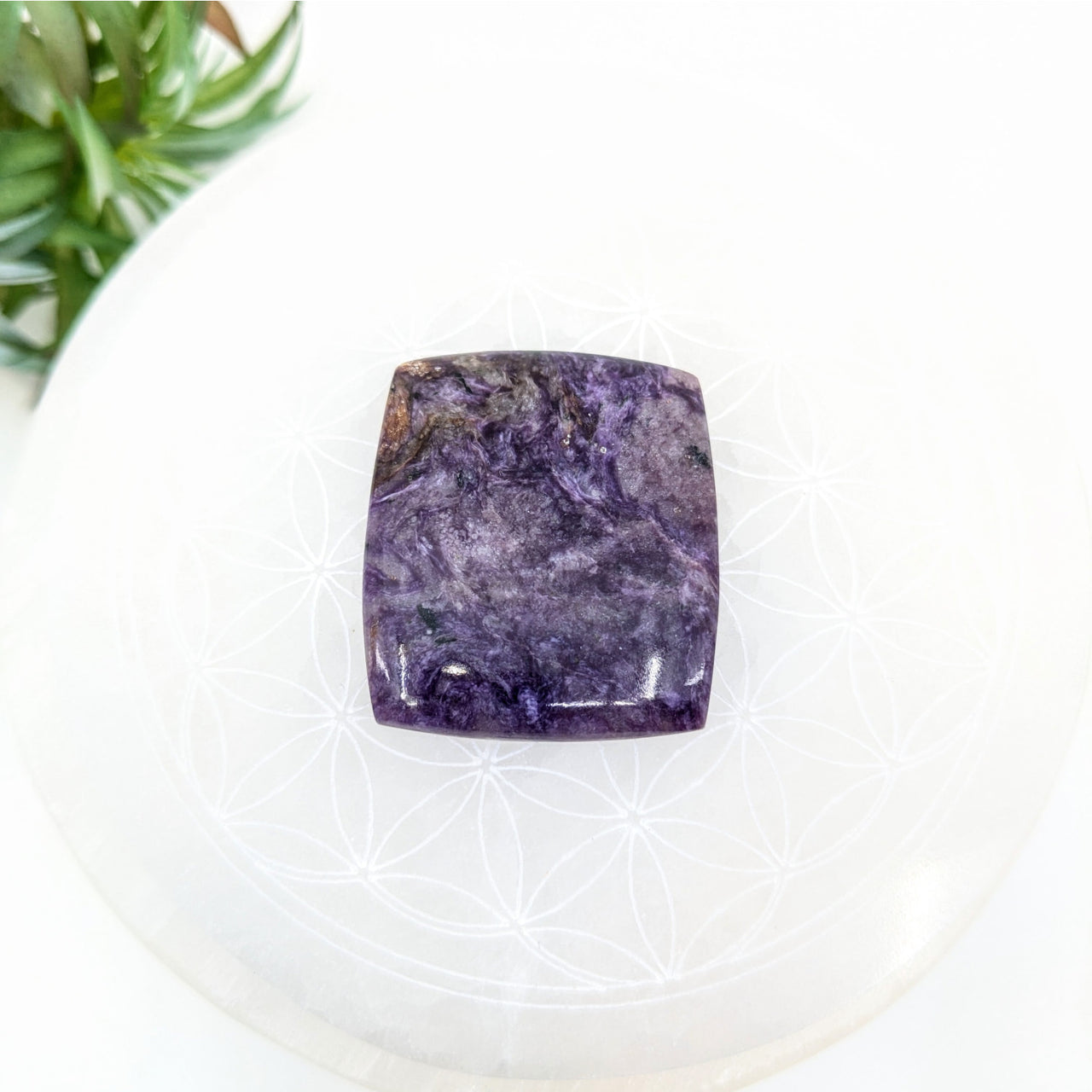 Square-cut purple Charoite gemstone with swirling patterns in 5’’ cabochon #LV7085