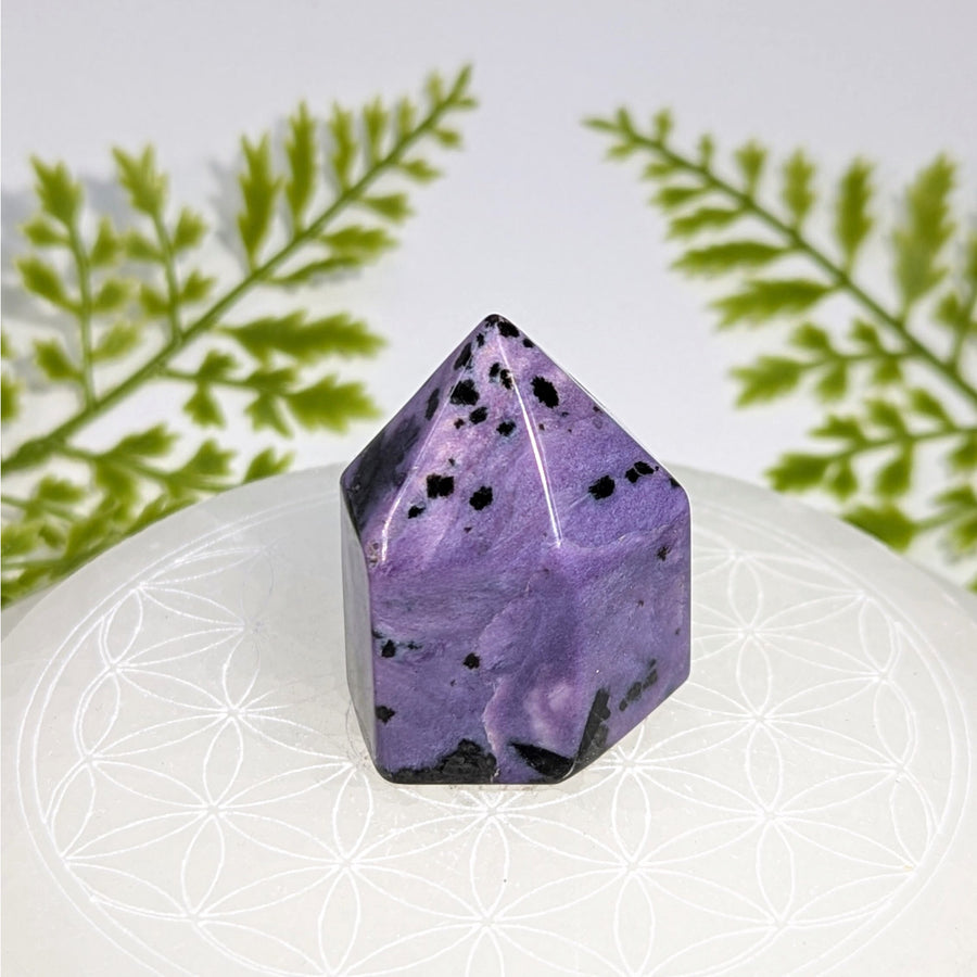 Polished purple charoite crystal pyramid tower with black speckles, 1.6in #BC0915