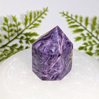 Polished purple white swirl charoite 2in hexagonal generator tower BC0916