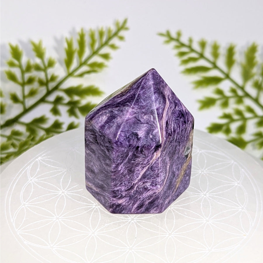 Polished purple white swirl charoite 2in hexagonal generator tower BC0916